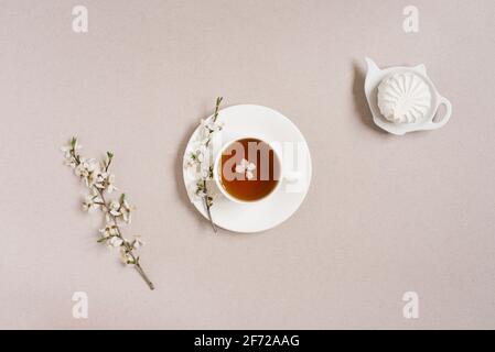 The concept of spring. A cup of black tea with apple blossoms and marshmallows on a teapot plate on a beige background Stock Photo