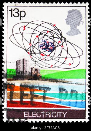 MOSCOW, RUSSIA - FEBRUARY 28, 2021: Postage stamp printed in United Kingdom shows Electricity, Energy Resources serie, circa 1978 Stock Photo