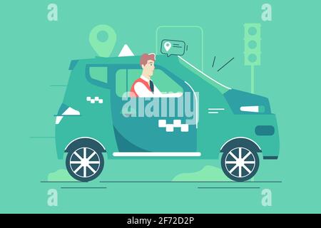 Concentrated taxi driver in green car Stock Vector