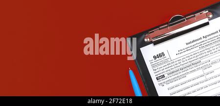 Business workspace office table banner with Form 9465 Installment Agreement Request, copy space Stock Photo