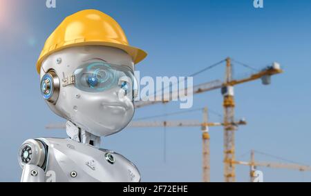 3d rendering engineer robot wearing yellow safety helmet Stock Photo