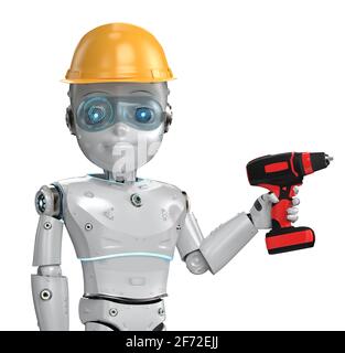 3d rendering engineer robot wearing yellow safety helmet with electric screwdriver Stock Photo