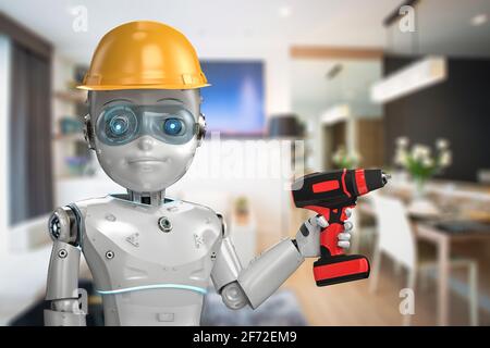 3d rendering engineer robot wearing yellow safety helmet with electric screwdriver Stock Photo