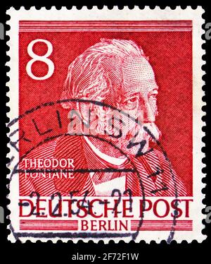 MOSCOW, RUSSIA - DECEMBER 22, 2020: Postage stamp printed in Germany, Berlin, shows Theodor Fontane (1819-1898), Famous Berliners serie, circa 1953 Stock Photo