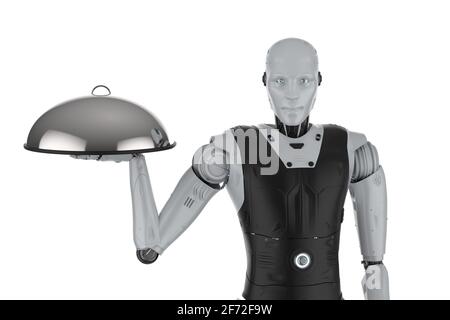 3d rendering robotic assistant or waiter robot hold metallic tray Stock Photo