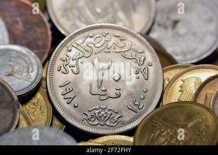 Twenty Egyptian piasters coin 1980 (observe side of the coin), old Egyptian money of 20 piasters coin, The Arab Republic of Egypt, the silver coin. Stock Photo