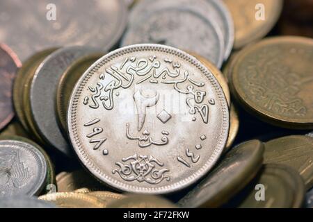 Twenty Egyptian piasters coin 1980 (observe side of the coin), old Egyptian money of 20 piasters coin, The Arab Republic of Egypt, the silver coin. Stock Photo