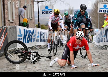 Swiss Stefan Kung of Groupama-FDJ pictured after a crash during the 105th edition of the 'Ronde van Vlaanderen - Tour des Flandres - Tour of Flanders' Stock Photo