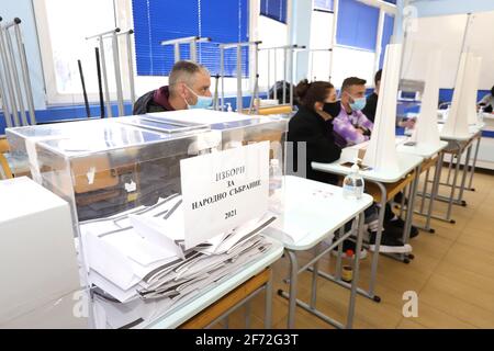 Voting box with ballots for Bulgarian parliamentary elections in Sofia, Bulgaria on April 04, 2021 Stock Photo