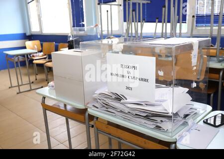 Voting box with ballots for Bulgarian parliamentary elections in Sofia, Bulgaria on April 04, 2021 Stock Photo