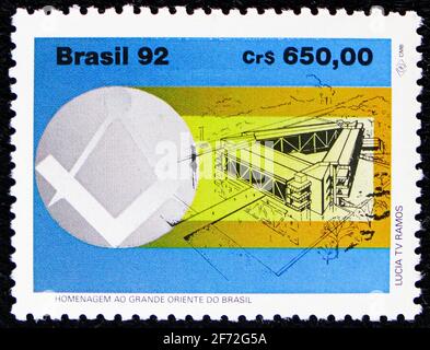 MOSCOW, RUSSIA - DECEMBER 22, 2020: Postage stamp printed in Brazil shows Tribute Grande Oriente, circa 1992 Stock Photo