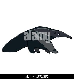 Vector outline cute cartoon isolated anteater gray animal is going to somewhere and looks up. Hand drawn doodle ant-eater illustration on white Stock Vector