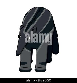 Gray Vector outline cute cartoon isolated interested ant-eater or anteater with big eyes. Animal looks to the left and stands. Hand drawn doodle Stock Vector