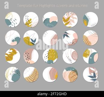 Set of vector highlight covers. Abstract backgrounds. Various shapes, lines, spots, dots, flowers, leafs. Hand drawn templates. Round icons for social Stock Vector