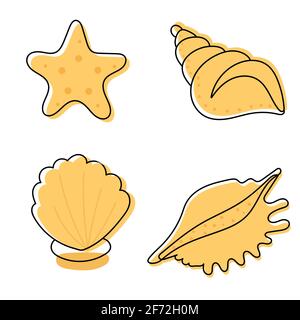 Set of seashells in line art style. Marine set. Hand drawn vector illustration with spott element. Stock Vector