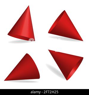 Set of red party hats. Design element for birthday, anniversary, christmas celebration. Vector realistic 3d mockup of blank cone head caps for carniva Stock Vector