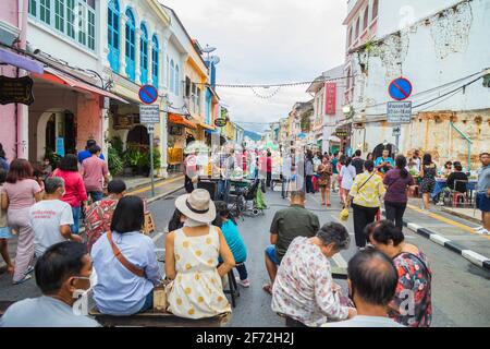 Phuket Town , Phuket, Thailand - 22 November 2020. Phuket Walking Sreet is a night market held in Phuket Old Town. View of the street food market at d Stock Photo