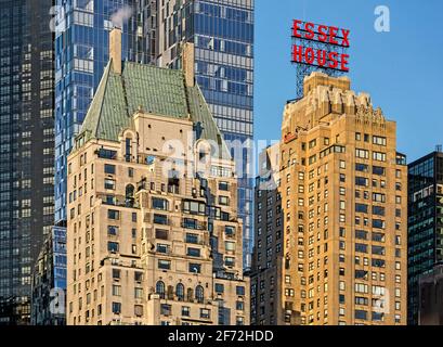 Hampshire House and Essex House are iconic parts of the Central Park South skyline, both built during the Great Depression. Stock Photo