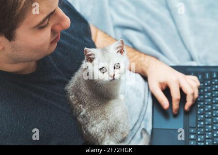 Young man with kitten working at his laptop. The concept of online learning and work during a pandemic. Stock Photo