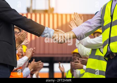 Engineers handshaking on construction site after successful meetingon workers or business Stock Photo