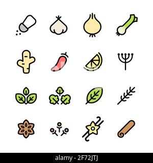 Spices and herbs icon set. Simple and minimal pictograms of common aromatics and seasonings. Vector illustration. Stock Vector