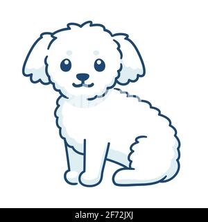 Cute little white fluffy dog. Bichon puppy drawing, simple vector illustration. Stock Vector