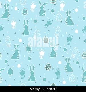 Easter seamless pattern with eggs, flowers and bunnies on a blue background. Vector illustration. Stock Vector