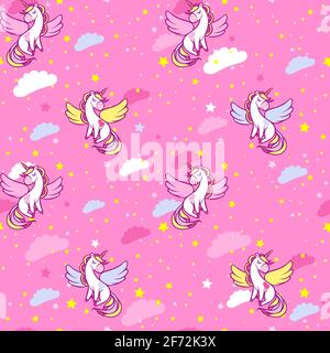 Seamless pattern with cute magical unicorns in the sky with colorful clouds and stars. Vector illustration. Stock Vector
