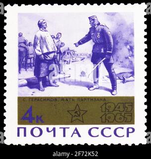 MOSCOW, RUSSIA - DECEMBER 22, 2020: Postage stamp printed in Soviet Union shows The Partisan's Mother, Sergei Gerasimov, 20th Anniversary of Victory i Stock Photo