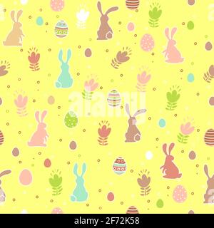 Easter seamless pattern with eggs, flowers and bunnies on a yellow background. Vector illustration. Stock Vector