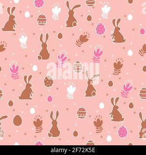 Easter seamless pattern with eggs, flowers and bunnies on a pink background. Vector illustration. Stock Vector