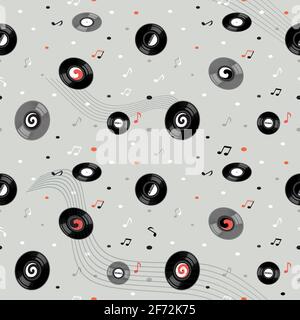 Seamless pattern of vinyl records, music notes and stave. Elements of the pattern are separated from the background. Stock Vector