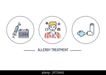 Allergy treatment color line icons concept. Pictograms for web page, mobile app, promo. Stock Vector