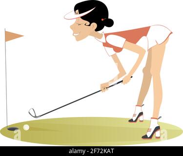 Young golfer woman on the golf course illustration. Cartoon golfer woman aiming to do a good kick isolated on white Stock Vector