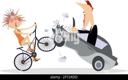 Cyclist and car driver accident illustration. Road accident. Angry driver cries to cyclist woman smashed into the car isolated on white Stock Vector