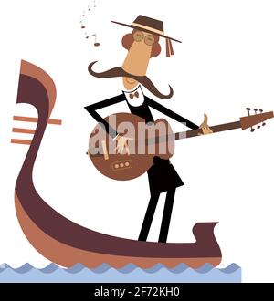 Man with guitar and gondola illustration.  Funny gondolier with long mustaches rides on gondola plays guitar and singing isolated on white Stock Vector