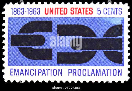 MOSCOW, RUSSIA - DECEMBER 22, 2020: Postage stamp printed in United States shows Severed Chain, Emancipation Proclamation Issue serie, circa 1963 Stock Photo