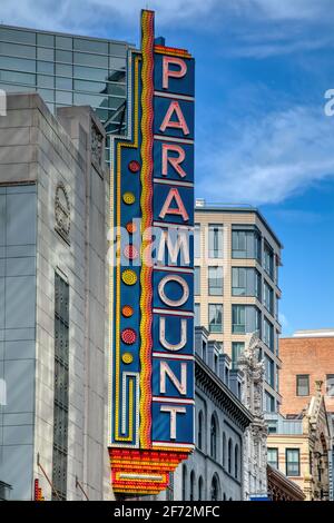 The 1932 Paramount Theater, is now Emerson Paramount Center, with theater, classrooms and dorm space for Emerson College at 559 Washington St., Boston. Stock Photo