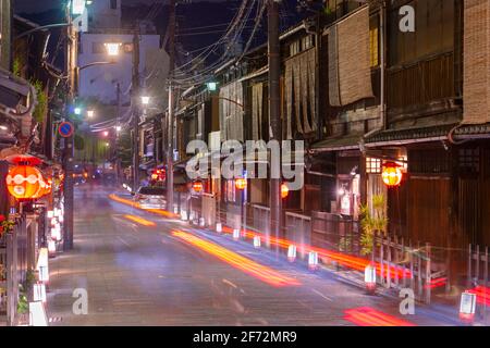 Kyoto, Japan streets at night in the Gion Shirakawa district. Stock Photo