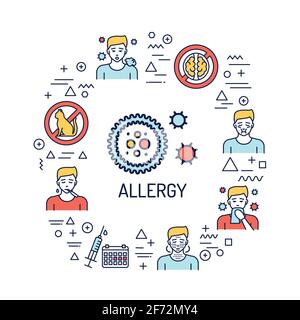 Allergy web banner. Infographics with linear icons on white background. Creative idea concept.  Stock Vector