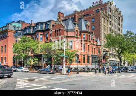 Back Bay Houses, corner of Newbury Street and Dartmouth Street in Boston, Massachusetts. Stock Photo