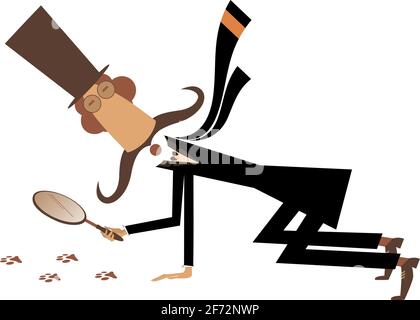 Cartoon long mustache detective illustration. Long mustache detective in the top hat holding a loupe follows the traces isolated on white illustration Stock Vector