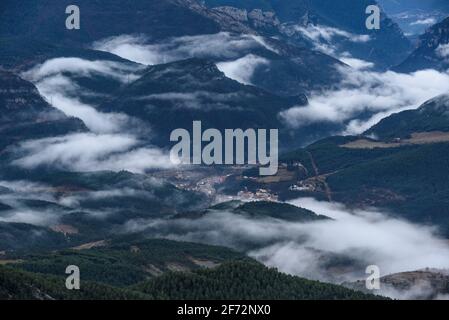 Llobregat valley and Guardiola de Berguedà among morning fogs, seen from the Devesa viewpoint, in Coll de Pal (Catalonia, Spain, Pyrenees) Stock Photo