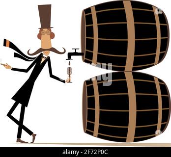 Cartoon long mustache man, wine, tuns illustration. Funny long mustache man in the top hat smokes a cigar and drinks wine from the big tun isolated on Stock Vector