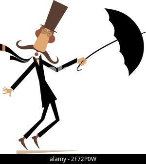 Long mustache man stays on the strong wind illustration. Strong wind and a long mustache man in the top hat with umbrella isolated on white Stock Vector