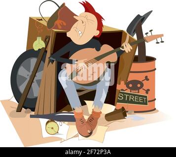 Hungry and chilled homeless plays guitar illustration. Sad beggar with guitar is on the disposal dump Stock Vector