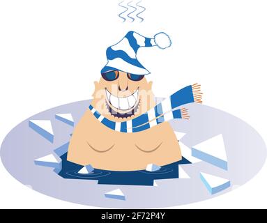 Winter swimming man illustration Funny fat bearded man in scarf, hat and sunglasses is swimming in the icy water and looks healthy and happy isolated Stock Vector