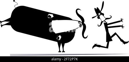 Farmer or cowboy and angry bull illustration. Frightened long mustache farmer or cowboy in cowboy hat runs away from the angry bull black on white Stock Vector