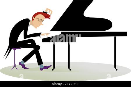 Pianist man in black tailcoat illustration Expressive pianist man plays piano with great inspiration isolated on white Stock Vector