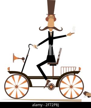 Cartoon man rides a retro bike isolated illustration. Long mustache gentleman in the top hat rides a retro bike, smokes a cigar and looks healthy and Stock Vector